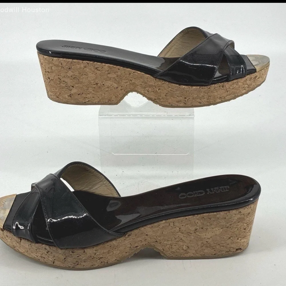 Jimmy Choo Black Patent Criss Cross Cork Wedge Platform Sandals